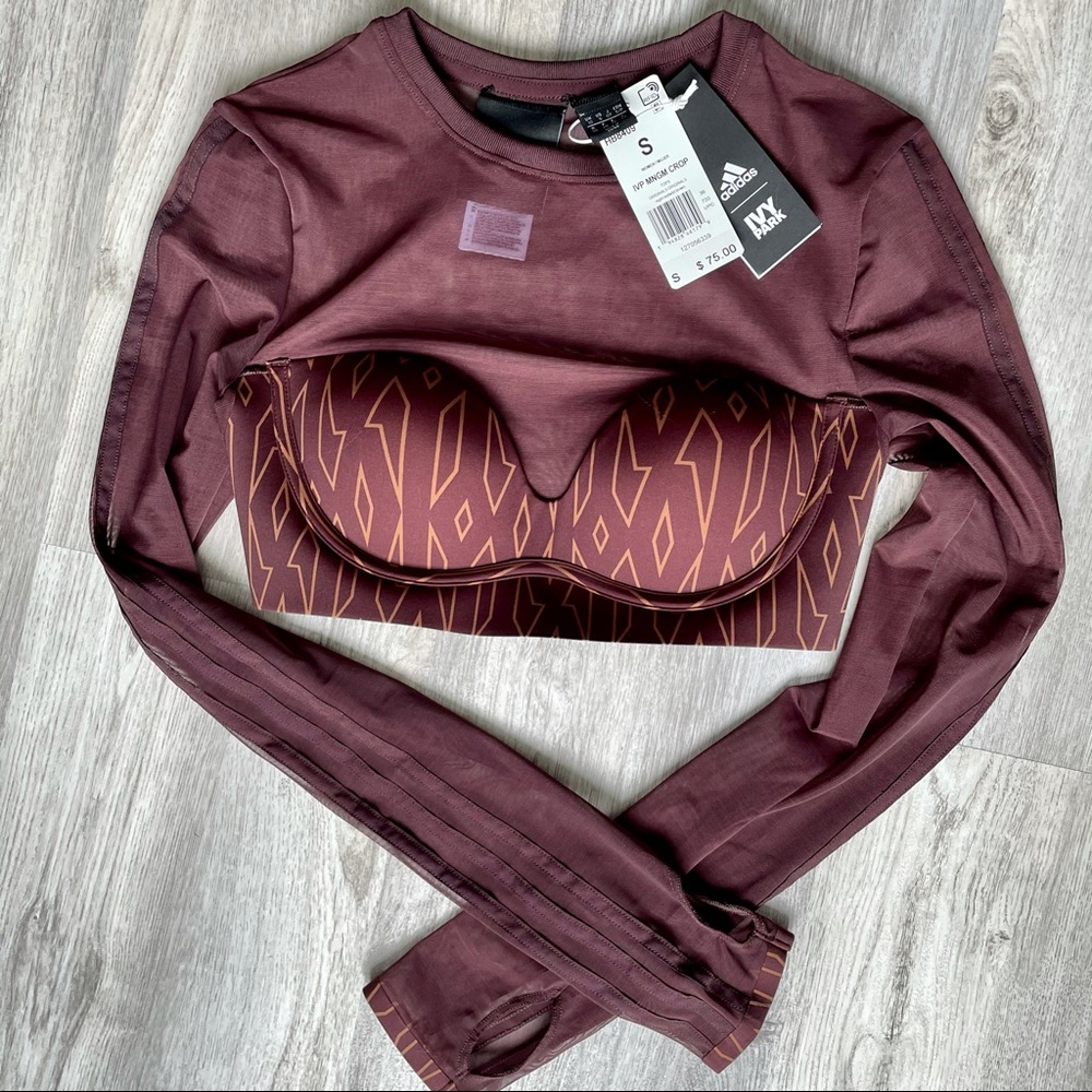 adidas Women's Maroon Long Sleeve Crop Top with Patterned Bust